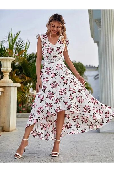 Modayakamoz New Season Women's Short Sleeve V-Neck Floral Print Short Front Long Back Single Jersey Dress