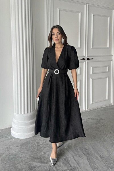 Genel Markalar Siyah Işıltılı Kemerli Kruvaze Elbise