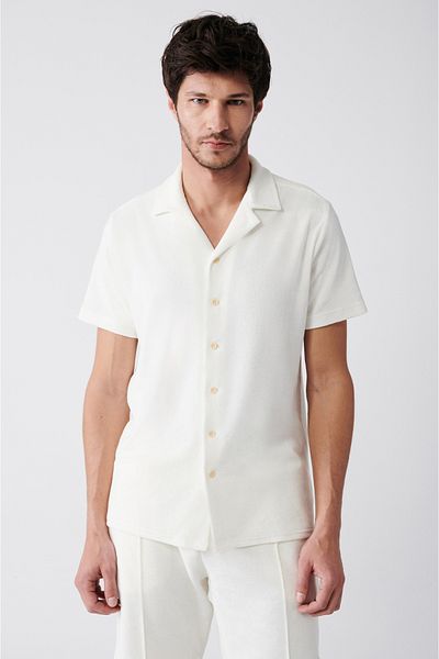 Avva Men's White Apaj Collar Short Sleeve Cotton Towel Shirt A31Y1145
