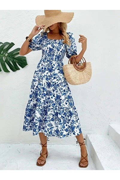 Bijuterria Γυναικείο κοντομάνικο τετράγωνο γιακά με ελαστικό σχέδιο φόρεμα μονόκλινο