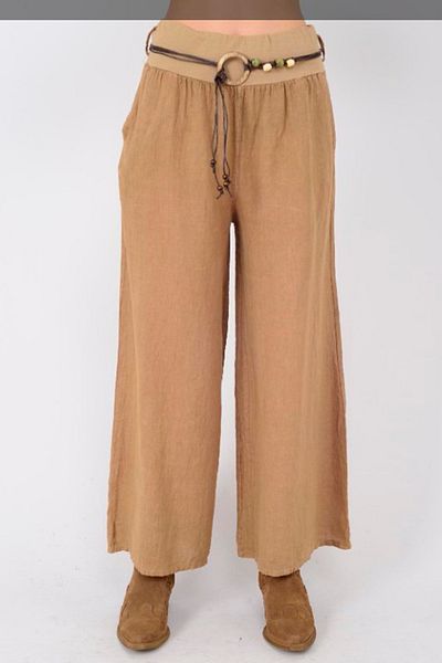 AYASOFYA OTANTIK Women's Camel Italian Rope Belted Wide Leg Linen Trousers