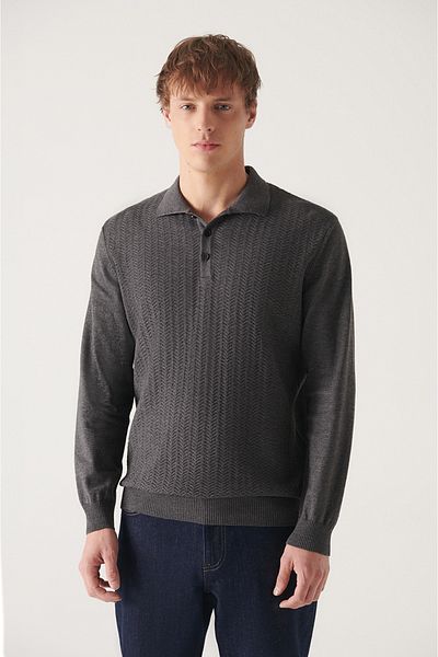 Avva Men's Anthracite Polo Collar Patterned Cotton Knitwear Sweater A22Y5055