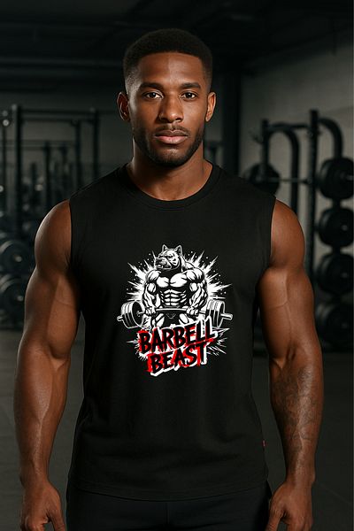 BESSA تي شيرت/قميص بدون أكمام من القطن برقبة دائرية كبيرة الحجم مطبوع عليه Barbell Beast للرجال