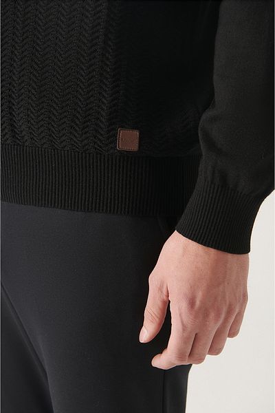 Avva Men's Black Polo Collar Patterned Cotton Knitwear Sweater A22Y5055