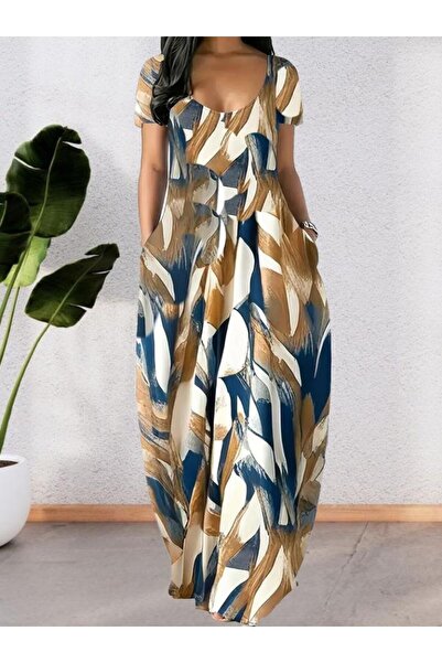 Genel Markalar Kadın Kısa Kollu Yuvarlak Yaka Cepli Salaş Baskılı Süprem Elbise