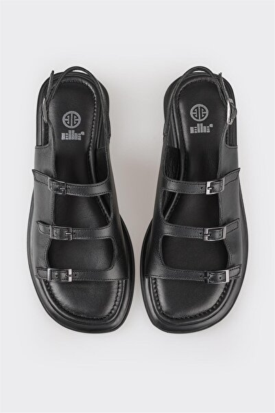 Elle Shoes Black Leather Women's Flat Sandals