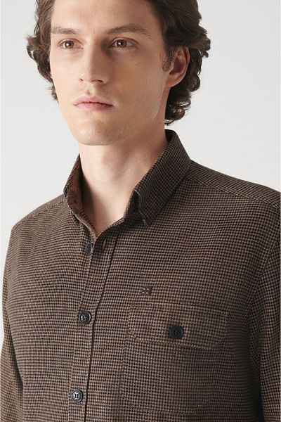 Avva Men's Brown Patterned 100% Cotton Shirt with Pockets A22Y2023