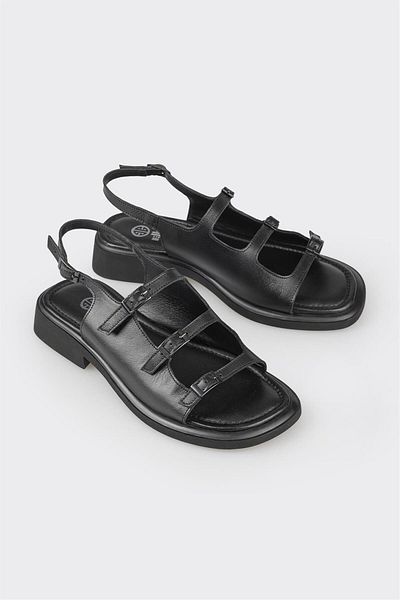 Elle Shoes Black Leather Women's Flat Sandals