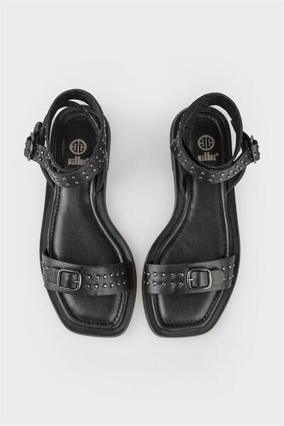 Elle Shoes Siyah Deri Kadın Düz Sandalet