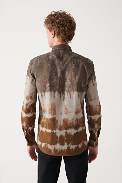 Avva Мъжка кафява риза с яка с копчета и 100% памук A22Y2070