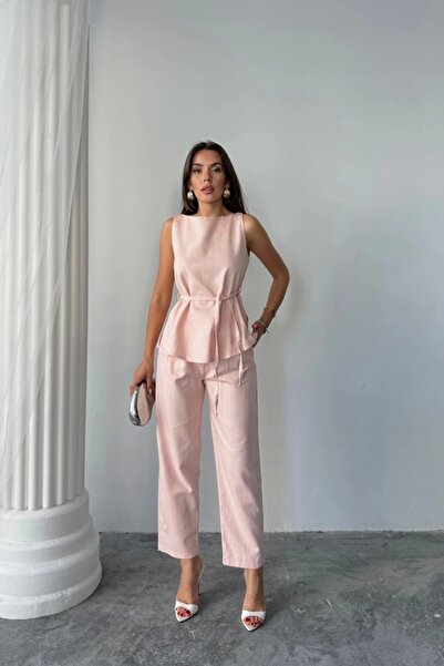 Modayakamoz Linen Bluz - Pant Suit Massimo Model Screat Fabric - Powder
