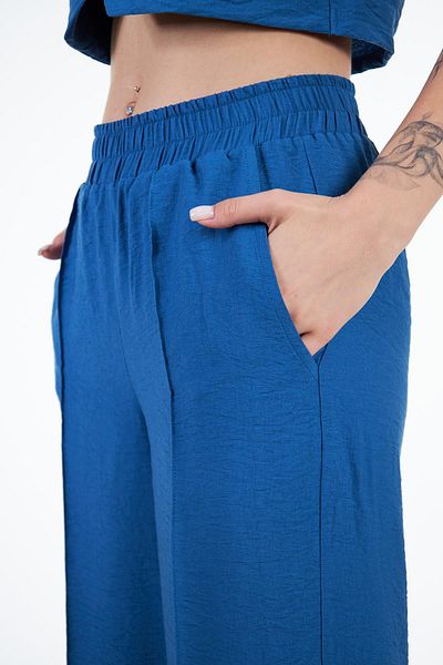 Chandraswear Blue Women's Linen Look Ribbed Detailed Loose Fit Wide Leg Pants - Nomte