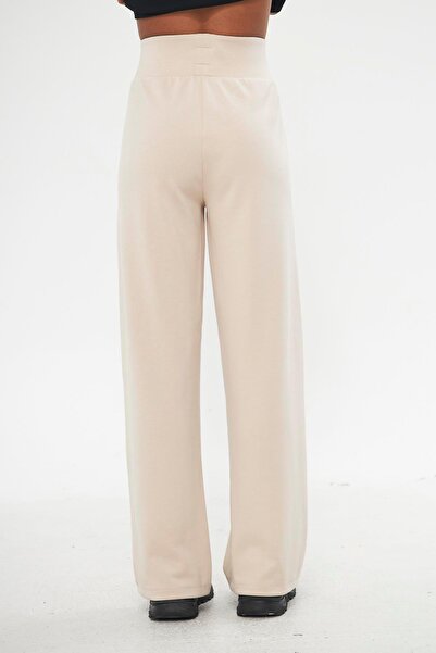 Chandraswear Beige Women's High Waist Wide Leg Sweatpants - Mayer