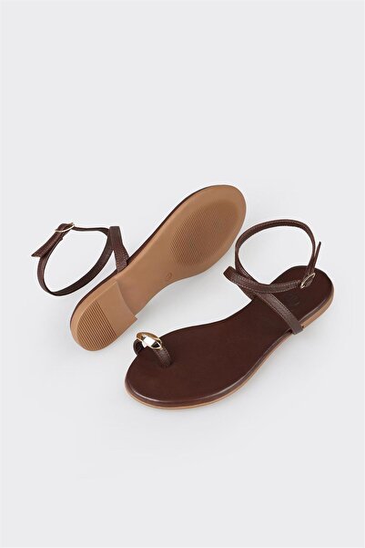 Elle Shoes Brown Leather Women's Flat Sandals