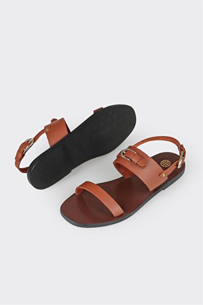 Elle Shoes Tan Leather Women's Flat Sandals