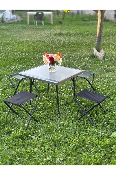 GÖKBAŞLAR 60×60 Cm Gri Katlanır Masa & Sandalye – Balkon, Bahçe, Kamp & Piknik Masası & Tabure Seti 4lü
