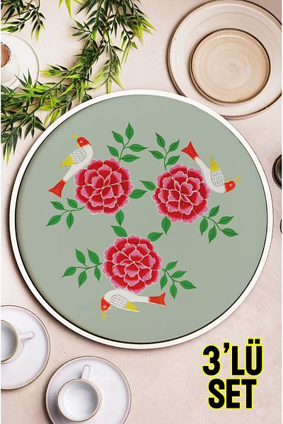 kutuTR صينية تقديم قهوة خشب ام دي اف 3 قطع
