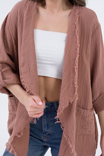 Butik Дамско лятно муселинено яке с ресни и сгъваеми ръкави MG003