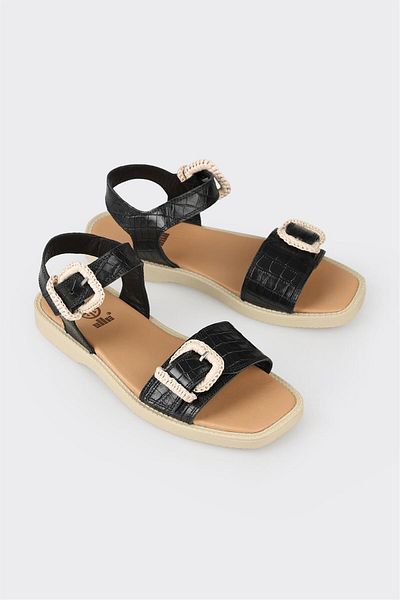 Elle Shoes Black Leather Women's Flat Sandals
