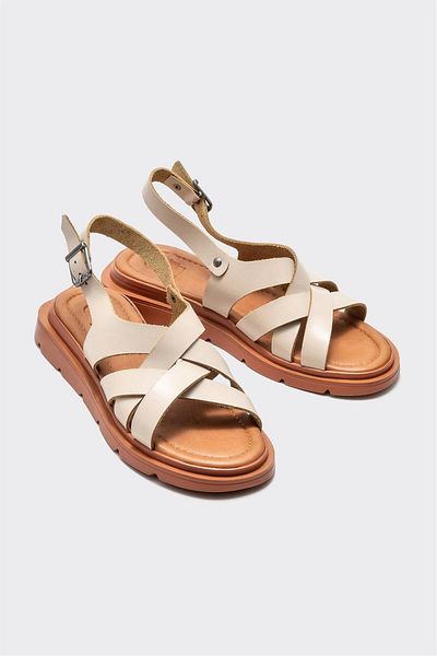 Elle Shoes Μπεζ δερμάτινα γυναικεία φλατ σανδάλια