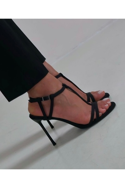 MYVOLANTE Black Suede Women's Heeled Shoes Sandals