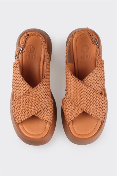 Elle Shoes Tan Leather Dámské sandály na klínovém podpatku