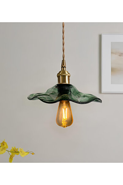 burenze Modern Tasarım Vintage Boheme Estetik El Yapımı Yeşil Camlı Sarkıt Avize Eskitme Gold Kahve Örgü