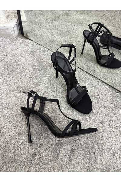 MYVOLANTE Black Suede Women's Heeled Shoes Sandals