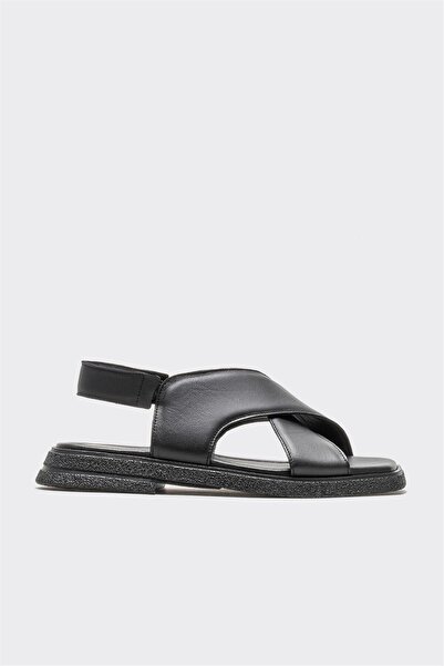 Elle Shoes Siyah Deri Kadın Düz Sandalet