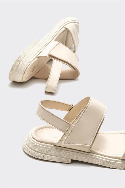 Elle Shoes Beige Leather Women's Flat Sandals