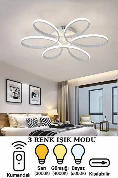 Avize PAPATYA 6'LI BEYAZ RENKLİ PLAFONYER ÜÇ RENK IŞIKLI, KUMANDALI MODERN LEDLİ, SALON, HOL, MUTFAK AVİZE