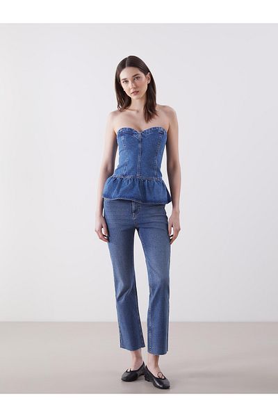 LC Waikiki Damen-Jeansbluse mit trägerlosem Ausschnitt