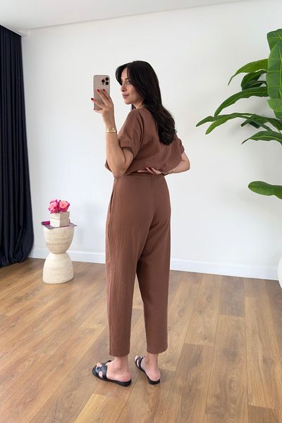 BİRCANÇİL Laila Brown Loose Linen Short Sleeve Trousers Set