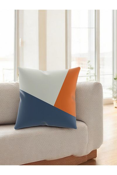 ASDİVA Smr Geometric Patterned Throw Pillow – Orange and Navy Blue Blocks on White Background 43X43
