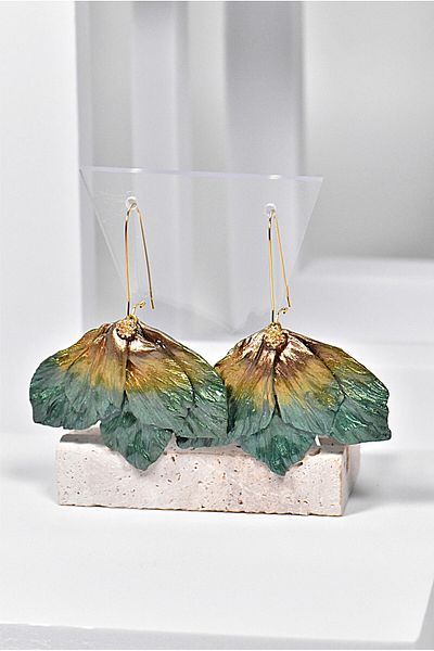 NARRU NARRU earrings, handmade, chandelier, flower, green and gold, Vera 12