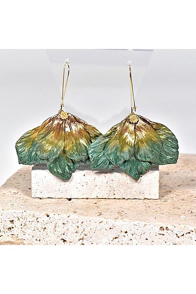 NARRU NARRU earrings, handmade, chandelier, flower, green and gold, Vera 12