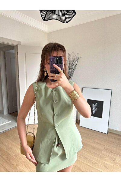 BAŞARAN Button Front Vest and Linen Skirt Set