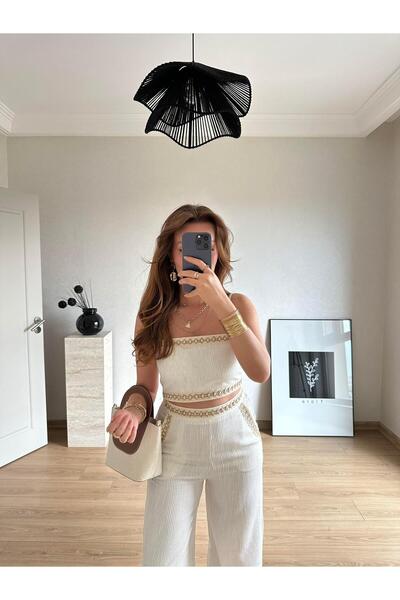 BAŞARAN Şerit Detaylı Crop Bluz Ekru