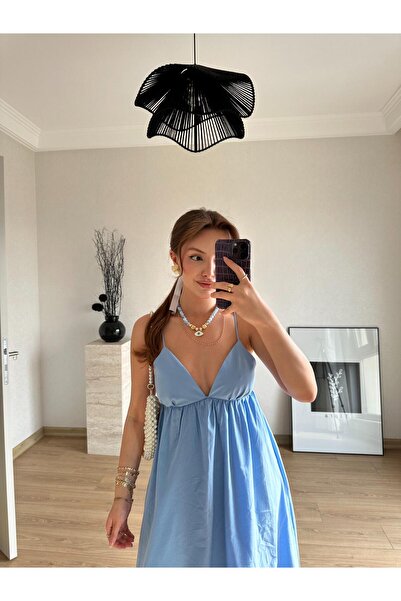 BAŞARAN İnce Askılı V Yaka Uzun Elbise Mavi