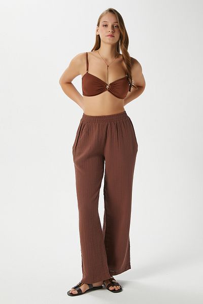 Ritnice Women's Maja 100% Cotton Muslin Brown Trousers with Elastic Waist