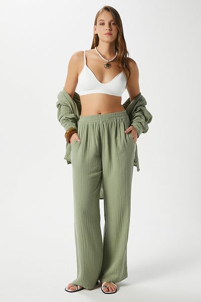 Ritnice Women's Maja 100% Cotton Muslin Elastic Waist Khaki Trousers