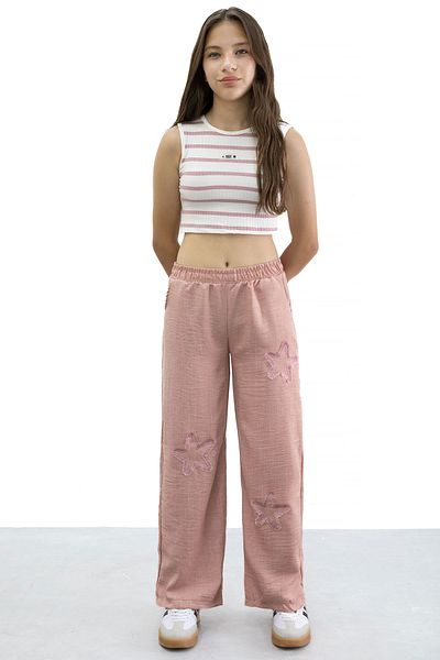 Cansın Mini Salmon Star Embroidered Wide Leg Comfortable Fabric Girls' Trousers 21185