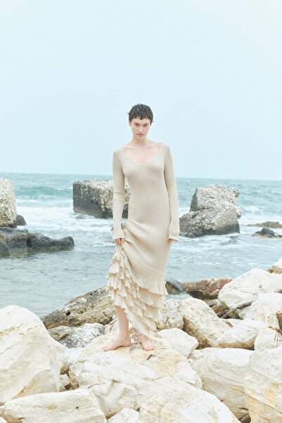 H&M Farbalalı Lastik Örgülü Elbise