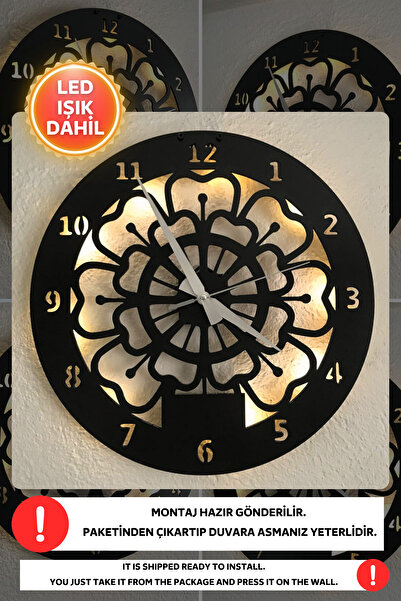 Dekorvin Led Işıklı Mutfak Çiçek Duvar Saati Sessiz Dekoratif Modern Siyah Ah...