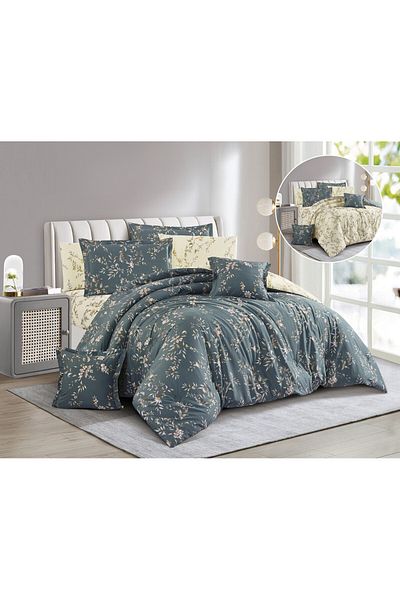 Levore Livory 8-Piece Comforter Set 100% Cotton Soft Floral Reversible Double Duvet System Heavy Fill Evelyne-038