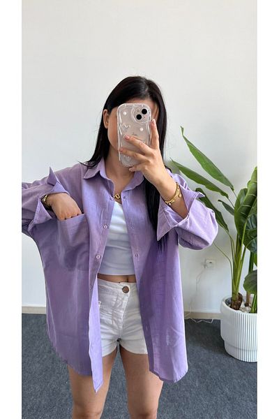 Shiron Sportswear&Company Cămașă de lux pentru femei, cu umăr în jos, oversize, cu buzunar din in