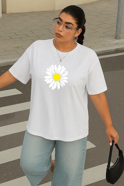 BENROMA 1 T-Shirt Gift for Purchases of 6 or More in the Cart - Large Size Daisy Printed Unisex T-Shirt