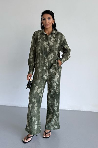 Ladima Women's Green Leaf Effect Crinkle Shirt Pants Bottom Top Set