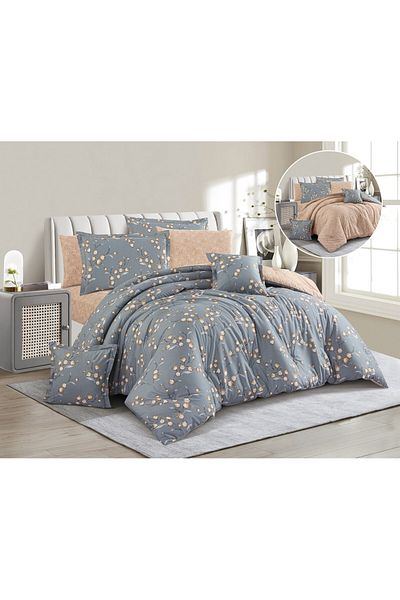 Levore Livory 8-Piece Comforter Set 100% Cotton Soft Floral Reversible Double Duvet System Heavy Fill Evelyne-039