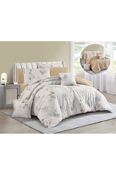 Levore Livory 8-Piece Comforter Set 100% Cotton Soft Floral Reversible Double Duvet System Heavy Fill Evelyne-052